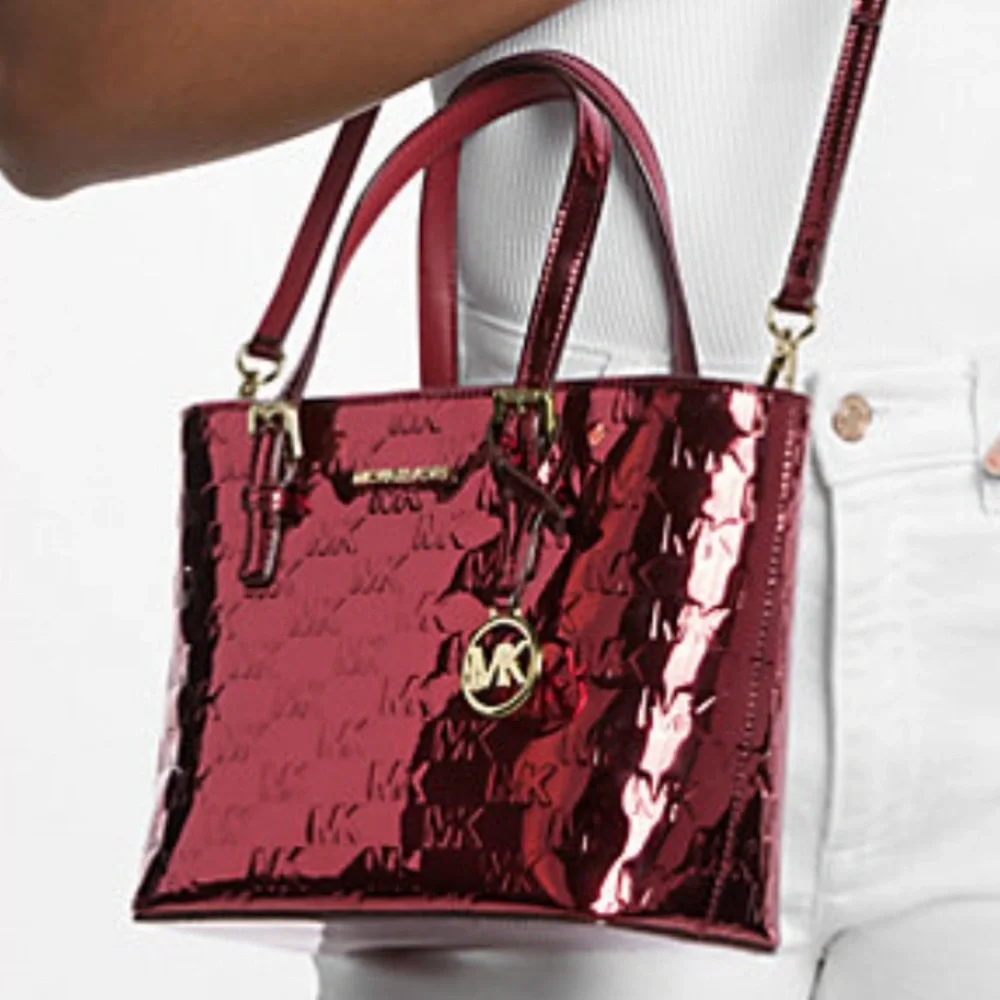 MICHAEL KORS Jet Set Extra-Small Metallic Logo Debossed Convertible TZ Tote Cher - Picture 1 of 16